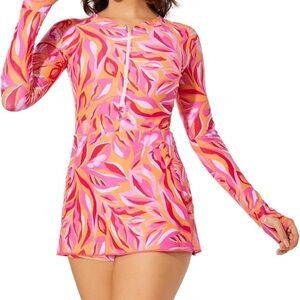 Women’s Pink & Orange Long-Sleeve Swim Coverup with Front Zip